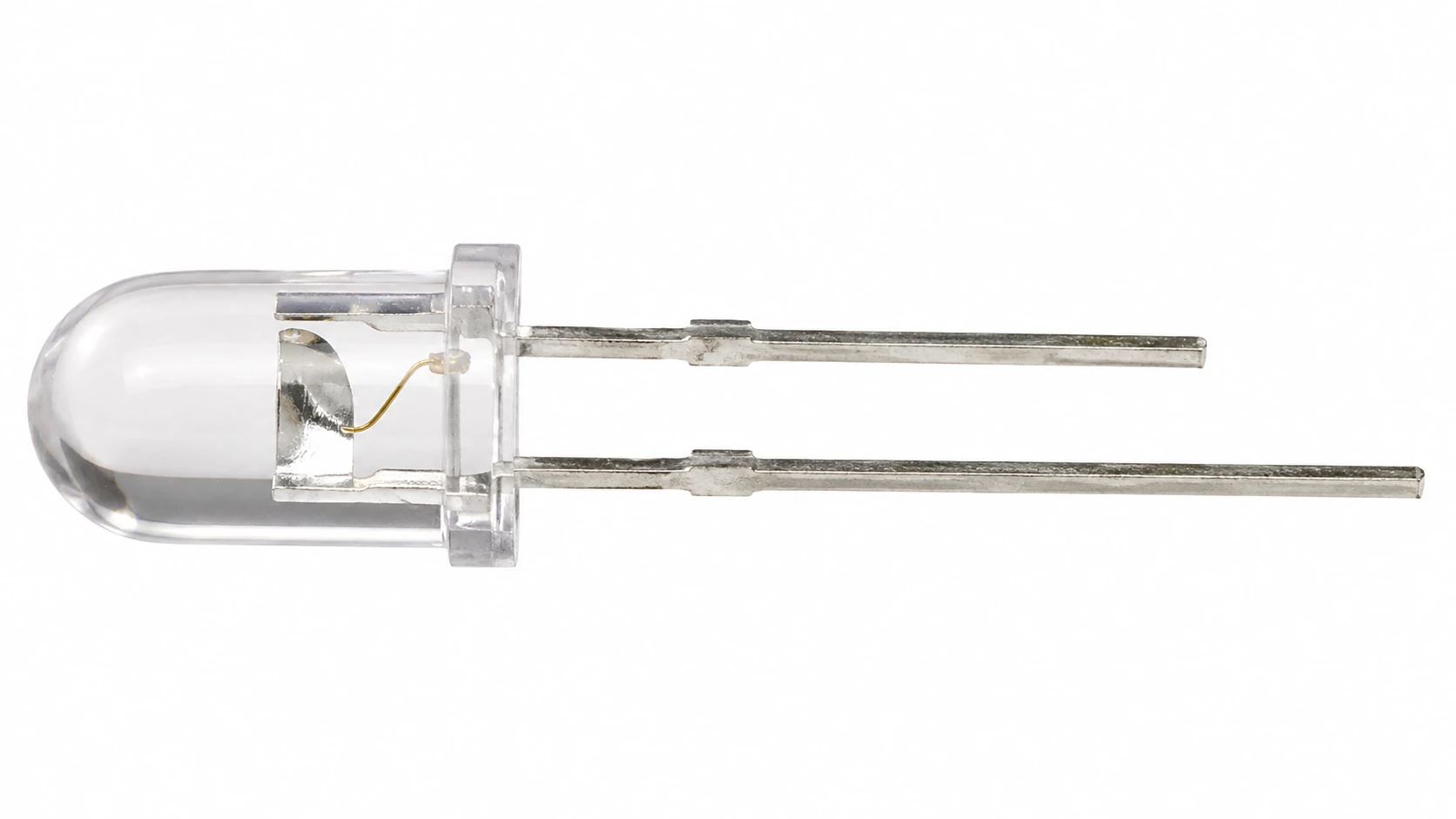 Macro photo of a clear 5mm LED showing the long anode lead, flat cathode notch and internal anvil