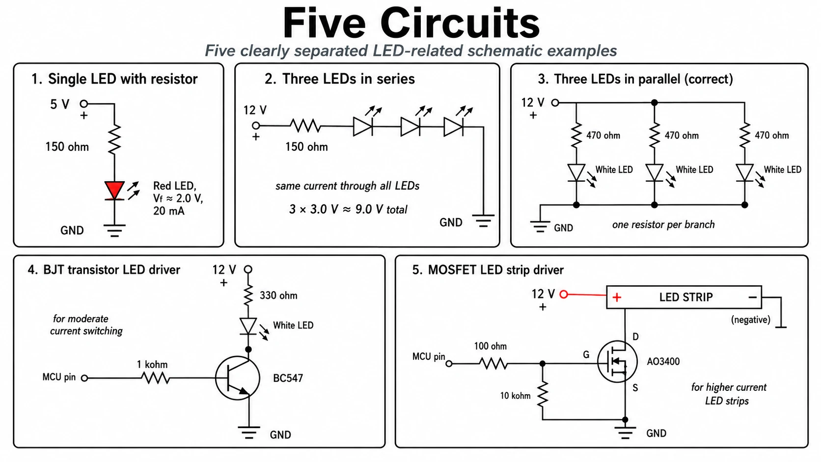 Schematic sheet with five practical LED circuits from a battery indicator to a constant-current driven power LED