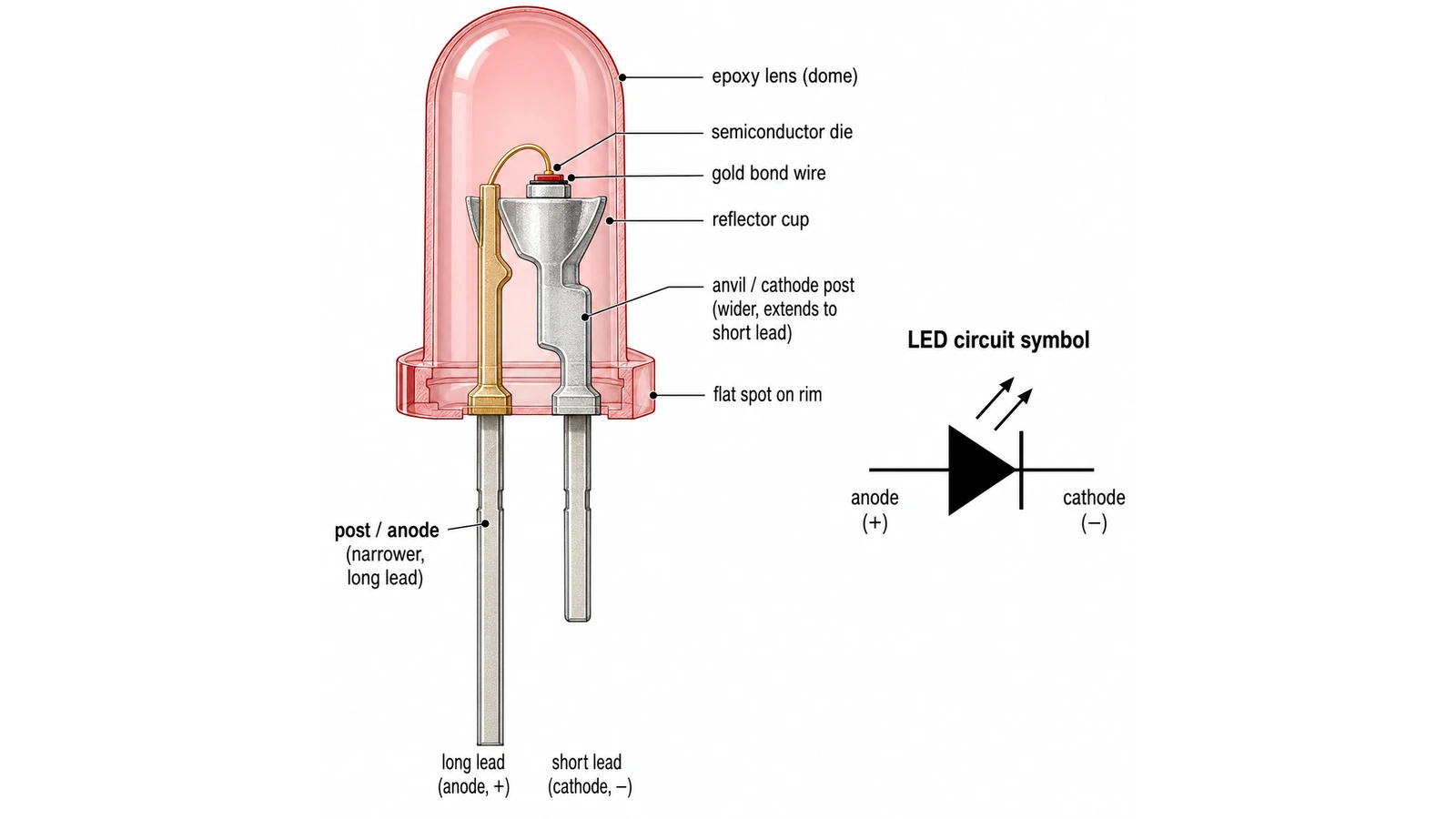 Cutaway diagram of a 5mm LED labelling the die, reflector cup, bond wire, anvil and epoxy lens