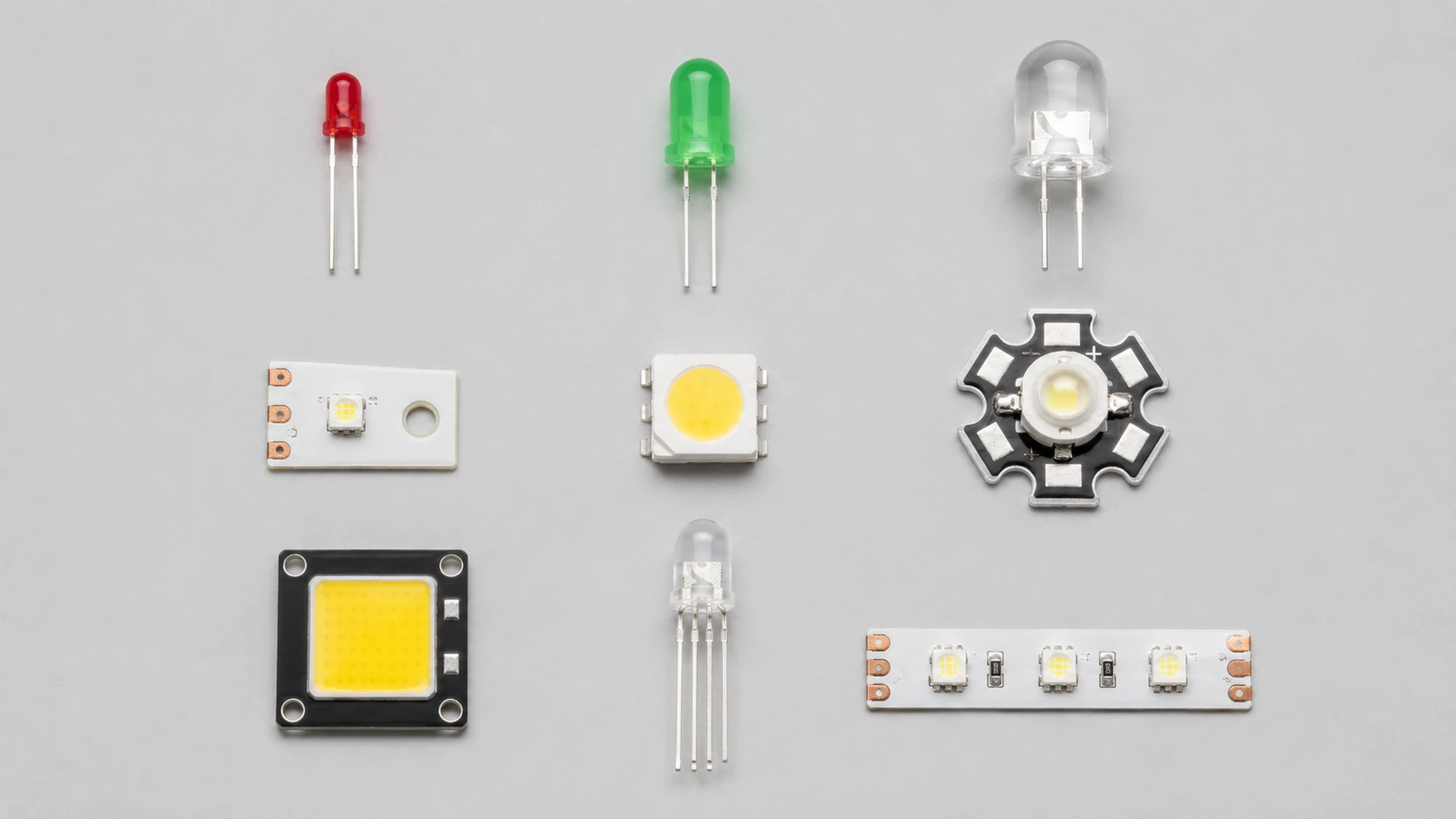 Nine LED types laid out in a grid including through-hole, SMD, COB, RGB, high-power star and LED strip components