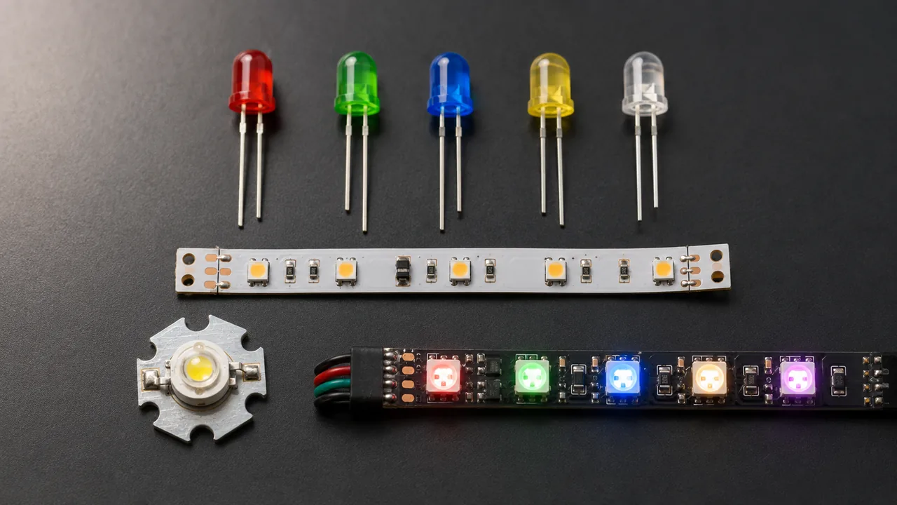 Product photograph showing through-hole LEDs, white LED strip, high-power LED and addressable RGB strip