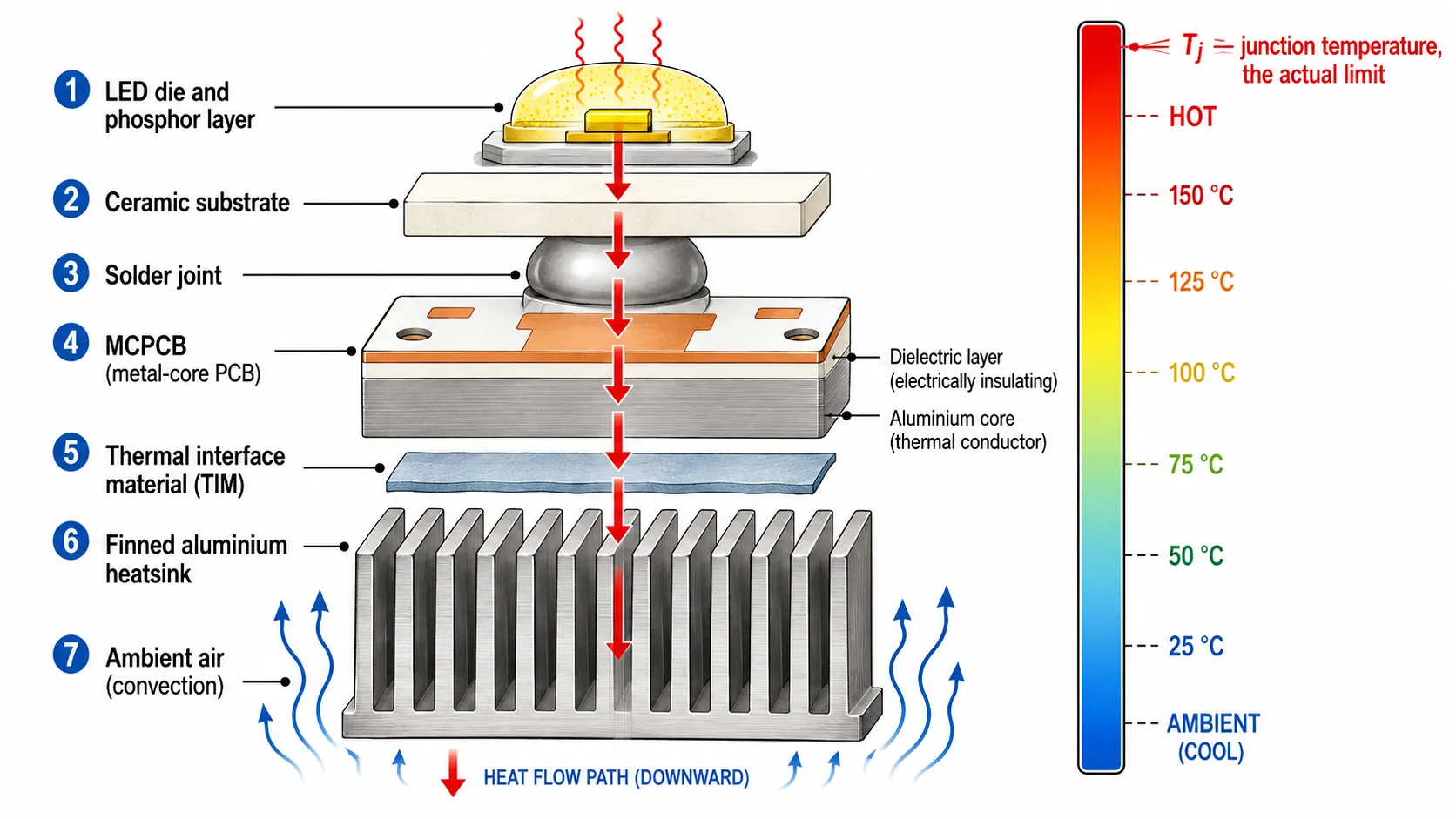 Cross-section of a high-power LED thermal path from die through MCPCB and thermal interface material to heatsink
