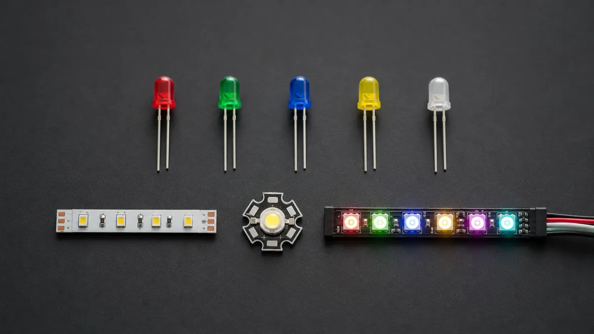 Assorted LED components including through-hole, SMD, high-power and addressable strip LEDs on a dark surface
